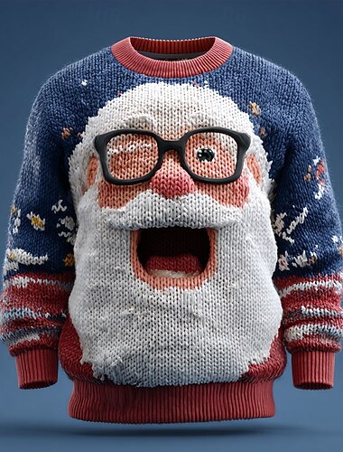  Stygg julegenser Herre julenissen 3D-utskrift Pullover genser Strikketøy Crewneck Fritid Feriereise Daglig Festival 3D-utskrift Hold Varm Langermet Vår Høst Vinter Hvit Blå Grønn