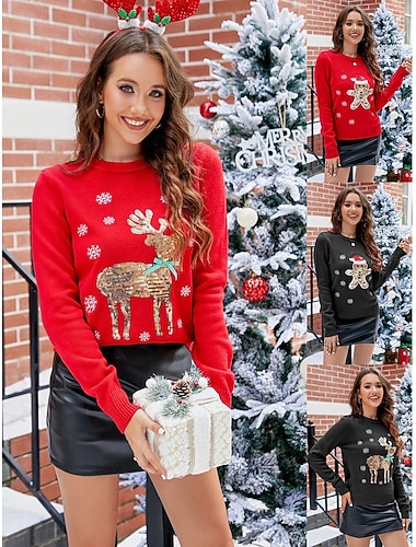  Kerstmis Dames Rendier Sneeuwvlok Trui Casual Zacht Ribbed Crew Neck Pailletten Gebreide Lange Mouwen Reguliere Tops Brei Buitenshuis Dagelijks Vakantie Zwart Wijn Herfst Winter