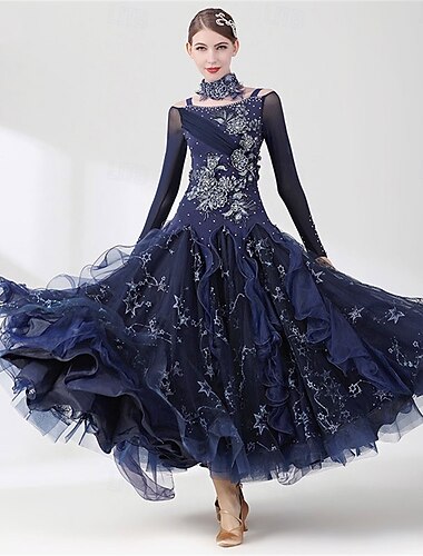  女性用社交ダンスドレス ラインストーン 星空刺繍 レイヤード オーガンザ エレガント ワルツ タンゴ フォックストロット 競技パフォーマンスガウン - ミッドナイトネイビー