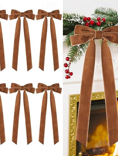  6 stk. stor fløyelssløyfekrans i trappestil, 45 cm x 20 cm, retro båndsløyfe, vridd slips, egnet for juletrefest, innendørs og utendørs dekorasjon