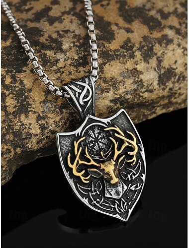  Colar com pingente de cabeça de veado viking de aço inoxidável masculino com design de escudo, amuleto nórdico celta para presentes de Natal, festas e uso diário