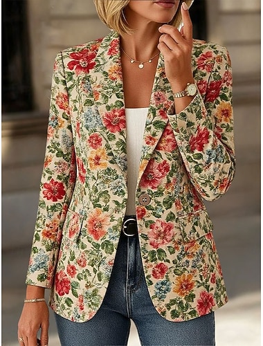  Naisten Bleiseri Pidä lämpimänä Mukava Tasku Napit Painettu Päivittäin Vapaa-aika Kukka Muodollinen Toimisto Kausaliteetti Yksirivinen Normaali Lovikäänne Normaali Pitkähihainen Päällysvaatteet Apila