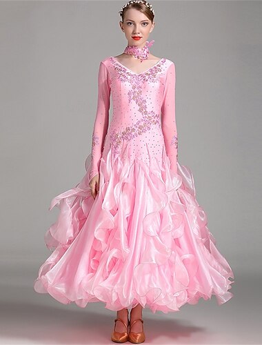  Vestido de baile de salón para mujer, elegante vestido de satén y organza con volantes de pedrería, ideal para vals, tango, foxtrot, competición, actuación, color rosa claro.