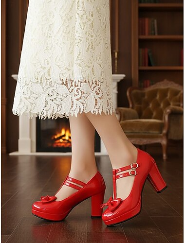  נעלי עקב וינטג' לנשים מעור לכה דמוי עור משנות ה-50 עם רצועת T וקשירה, עקב בלוק עבה ונוח, אלגנטי למסיבות, חתונות ואירועים מיוחדים