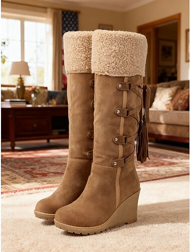  Damskie brązowe zamszowe botki na koturnie z mankietami ze sztucznego futra – stylowy, sznurowany design z frędzlami, ciepłe i wygodne buty zimowe do noszenia na co dzień i na świeżym powietrzu