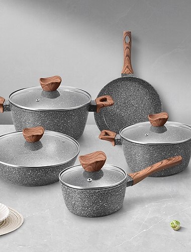  9/10-delers non-stick kasserolle med glasslokk og stekepannesett, slitesterk og enkel å rengjøre, egnet for alle komfyrtopper