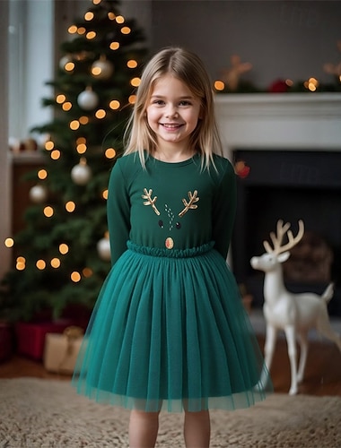  Enfants Fille Robe Noël Chaque manche longue Extérieur Cadeaux de Noël Maille Mode Mignon Polyester Mi-long Robe trapèze Robe en Tulle Printemps Automne 4 ans et + Vert