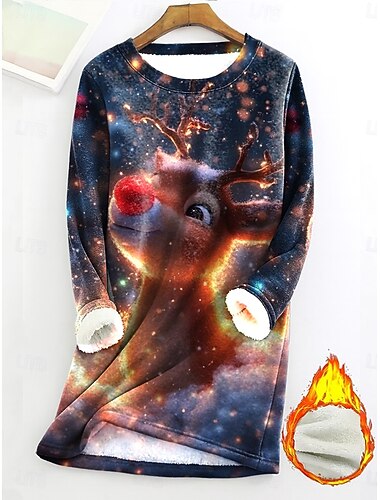  Dam Pullover Hoodie Sweatshirt Djur Jul Ledigt Långärmad Rund hals Långa toppar Mörkgrön Guld Mörkblå Vinter