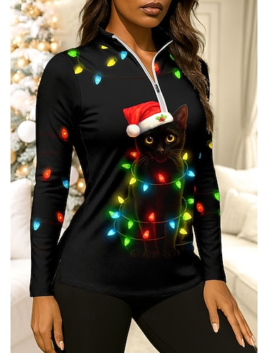  Noël Femmes Chat Eclairage de Noël Chemise T-shirt de sport T-shirt POLO Chemise de tennis manche longue Fermeture éclair Floral UPF50+ Résistant aux UV Haute élasticité Évacuation de l'Humidit