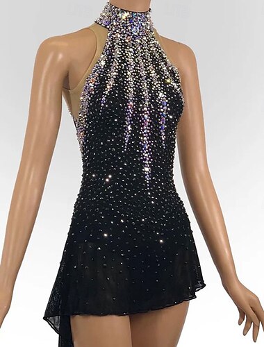  kunstløpskjole dame jenteskøytekjole svart elastisk treningskonkurranse skøyteklær termisk varm krystall / strass ermeløs skøyting kunstløp