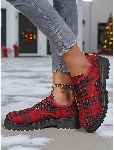  Γυναικεία κόκκινα καρό παπούτσια Oxford με κορδόνια, vintage casual παπούτσια με σχέδιο καρό, ιδανικά για χριστουγεννιάτικα ντυσίματα, χειμερινή μόδα και εορταστικές συγκεντρώσεις