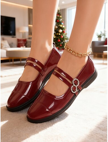  Burgundy Mary Jane-flats van imitatieleer met dubbele gesp voor dames - elegante puntige neus, comfortabele en stijlvolle flats voor kerst, dagelijks gebruik en feestdagen
