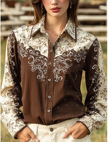  Per donna Camicia Blusa Grafico Paisley Astratto Vintage Western Casual Manica Lunga Colletto a Camicia Top Regolari Quotidiano Patchwork Bottoni Stampato Marrone Beige Estate Primavera Autunno
