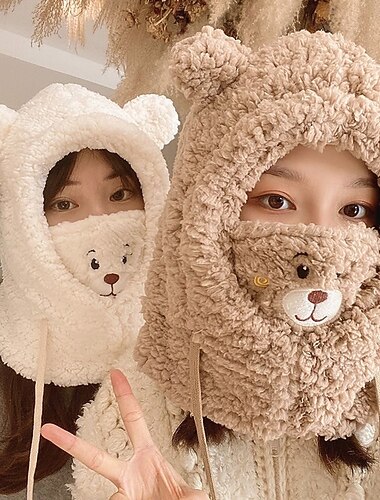  冬用プラッシュビーニーハットとスカーフ、女の子用かわいいクマの帽子スカーフマウスマスクセット3イン1、レディーススキースノーボード帽子、暖かいスカーフセットファッションヘッドウェア、クリスマス/誕生日ギフトホワイト