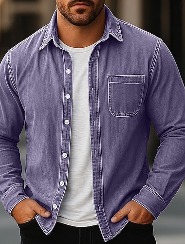  Herren Hemd Freizeithemd Vintage-Shirt Knopfhemd Schwarz Purpur Braun Grau Langarm Einfach Revers Lässig Ausgehen Tasche Bekleidung Mode Retro Vintage Lässig