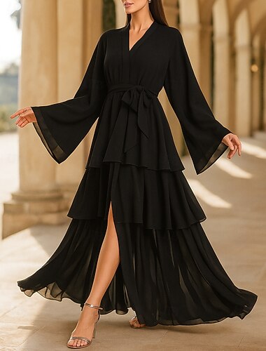 A-الخط فستان أم العروس أنيق عتيق حفلة V رقبة طول الأرض شيفون بوليستر كم طويل مع كشاكش   A-الخط فستان أم العروس أنيق عتيق حفلة V رقبة طول الأرض شيفون بوليستر كم طويل مع كشاكش