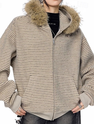  Dame Stripet Pelsjakke med hette Genser med heldeklås Vinterfrakk Høst vinter Med lommer Langermet treningsklær Varm Myk Party Ferie Svart Aprikos Sports Sportsklær
