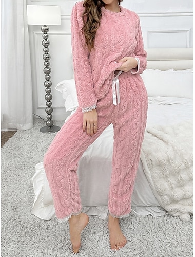  Női Pizsama Alkalmi Kényelmes Tiszta szín Rugalmas derék Nadrág Otthon Napi Hosszú ujj Terített nyak Arcpír rózsaszín Medence Tavasz Ősz Tél Normál