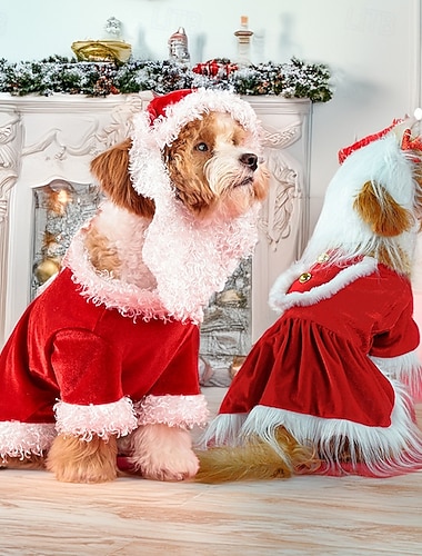 Χριστουγεννιάτικο βελούδινο φόρεμα για κατοικίδια με λευκή ψεύτικη γούνα - κομψή στολή Άγιου Βασίλη για σκύλο και γάτα - εορταστικό κόκκινο φόρεμα για μικρά και μεσαία κατοικίδια
