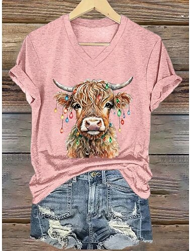  Natale Per donna Maglietta Grafico Animale Mucca Vintage Elegante Classico Manica Corta Scollo a V Top Regolari Quotidiano Stampato Blu Nero Bianco Rosa Rosso Estate Primavera Autunno Inverno