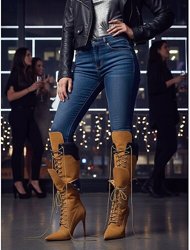  Kniehohe Schnürstiefel für Damen mit Stilettoabsatz – modische Stiefel aus braunem Leder mit spitzer Zehenpartie für Partys, Ausgehen und Herbst-Winter-Outfits