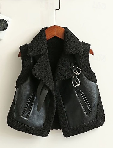 Детские Мальчики Черная кожаная куртка Флисовая жилетка Жилет Жакет Верхняя одежда Полотняное плетение Длинный рукав Застегнуться Сохраняет тепло Защита от ветра Пальто Повседневные   Детские Мальчики Черная кожаная куртка Флисовая жилетка Жилет Жакет Верхняя одежда Полотняное плетение Длинный рукав Застегнуться Сохраняет тепло Защита от ветра Пальто Повседневные