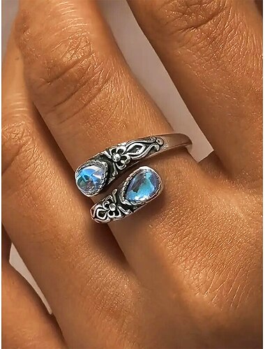  Anel ajustável feminino de prata com pedra da lua e cristal, joia boêmia vintage para noivado, aniversário e uso diário