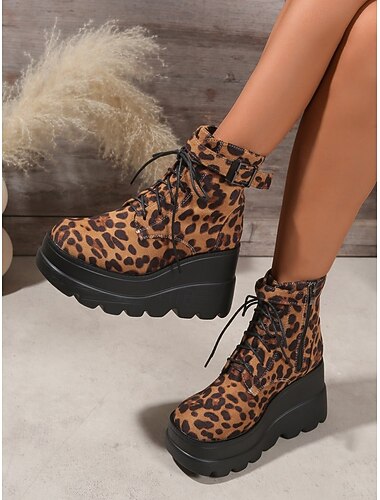  dikke plateau veterlaarzen voor dames - luipaardprint, zwarte en bordeauxrode imitatiebontrand, ritssluiting, stijlvolle casual wintersneakers