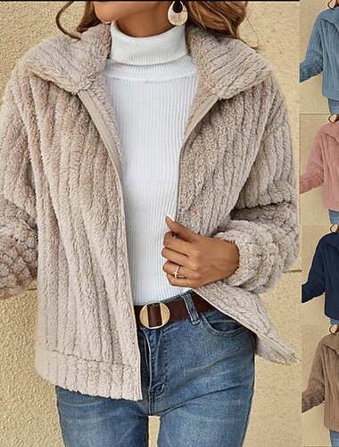  Dame Vinterfrakk Teddyfrakk Hold Varm Bekvem Glidelås Fritid عادي Feriereise Gate Avslappet Dagligdagstøy Kort Aftæpning Normal Langermet Yttertøy Marineblå Rosa Blå Høst Vinter