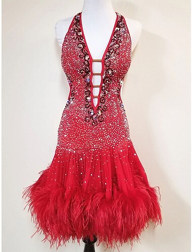  Robe de danse latine pour femme, rouge, strass, décolleté en V profond, ourlet en plumes, dos nu, sexy, costume de compétition de salsa, cha cha, rumba