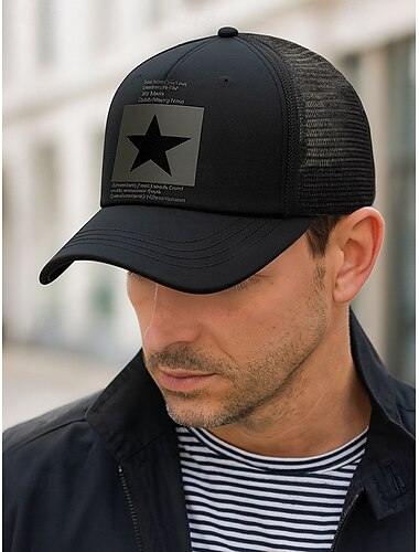  Men's Trucker Cap with Star Print, Breathable Mesh Adjustable Baseball Hat, Casual Streetwear Outdoor Sports Snapback