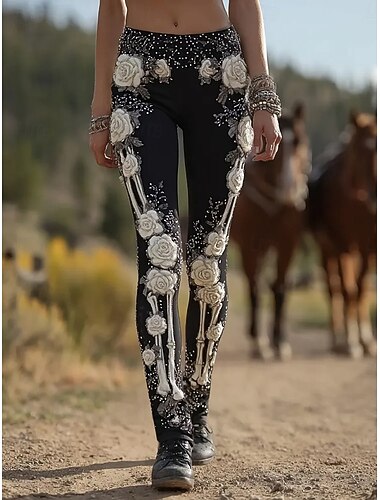  نسائي طماق العطلة عتيق موضة مكتمل الطول خصر عالي ورد الرسم حيوان طبع الدفء ناعم متنفس قابل للبسط رسمي الأماكن المفتوحة عطلة أسود البيج الربيع الخريف ضيق