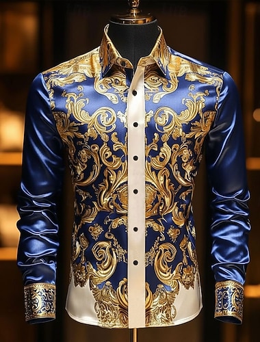  رجالي طباعة زهور عرقي الباروك قميص قميص الساتان قميص رسمي كم طويل ريترو خمر عطلة مناسب للبس اليومي الصيف الربيع الخريف طوي طباعة ثلاثية الأبعاد قمصان بأزرار أسود عنابي أزرق داكن