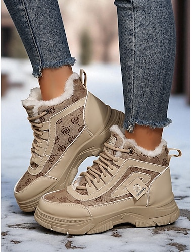 Botas de combate femininas forradas com pele cáqui, botas de inverno casuais e quentes com sola antiderrapante, calçados confortáveis para atividades ao ar livre, ideais para clima frio e viagens   Botas de combate femininas forradas com pele cáqui, botas de inverno casuais e quentes com sola antiderrapante, calçados confortáveis para atividades ao ar livre, ideais para clima frio e viagens