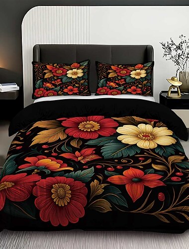  Conjunto de capa de edredom de 3 peças com estampa floral 3D retrô para cama queen size, capa de edredom curta e macia com 2 fronhas – roupa de cama para quarto de hotel, aconchegante &confortável