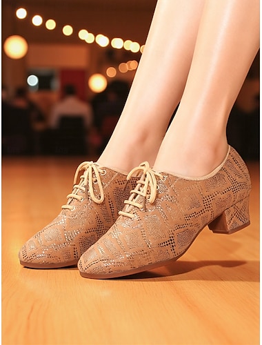  Beige damesko med snøring i ballroom-stil - pumps med lav hæl og glittermønster til profesjonell dansefest &forestillinger