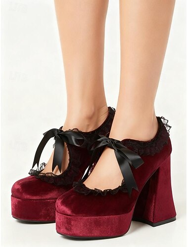  Γυναικεία γόβες πλατφόρμας από βικτωριανό γοτθικό βελούδο του 19ου αιώνα - μπορντό Mary Jane chunky γόβες με δαντέλα και κορδέλα για Halloween, cosplay και μόδα Lolita