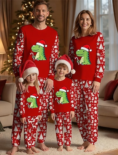  Családi nézés Karácsony Karácsonyi családi pizsama Pizsamák Családkészletek Grafika Dinoszaurus Karácsonyi harang Otthon Nyomtatott Rubin Hosszú ujj Napi Hozzá illő ruhák