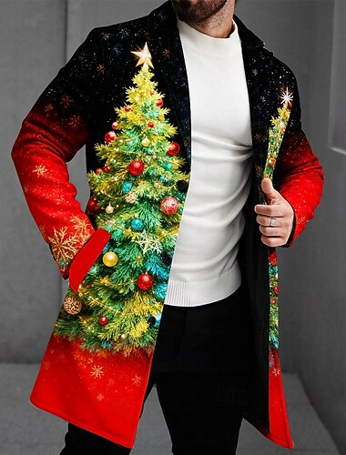  Natal Homens Árvore de Natal Impressão 3D Casaco Térmico / Quente Casual Diário Feriado Festival Impressão 3D Botões Bolso frontal Primavera Outono Inverno Entalhe Manga Longa Preto Azul