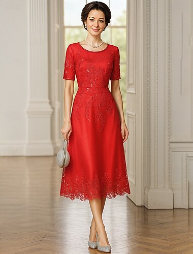  A-linje Te-lengde Festkjole Cocktail Kjole Kortermet Crew-hals Elegant Luksuriøs Formell Bomullsblanding Polyester Kjole til brudens mor med Broderi
