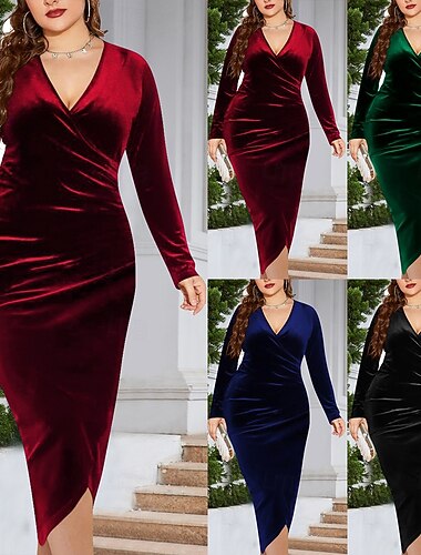  Női Extra méret Bársony ruha Tömör szín V-alakú Hosszú ujj Tavasz Ősz Elegáns Divat Modern Midi ruha Karácsony Parti Ruha