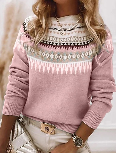  نسائي سترة عيد الميلاد سترة جزيرة فير سترة سترة جزيرة فير أناقة الشارع كاجوال الرسم هندسي رقبة عالية مدورة محبوك طباعة كم طويل قمصان عادية متماسكة مناسب للبس اليومي مناسب للعطلات مناسب للخارج