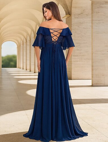  Ａライン フロア丈 フォーマルドレス イブニングガウン 半袖 オフショルダー エレガント ヴィンテージ パーティー ポリエステル マダムドS 〜と プリーツ