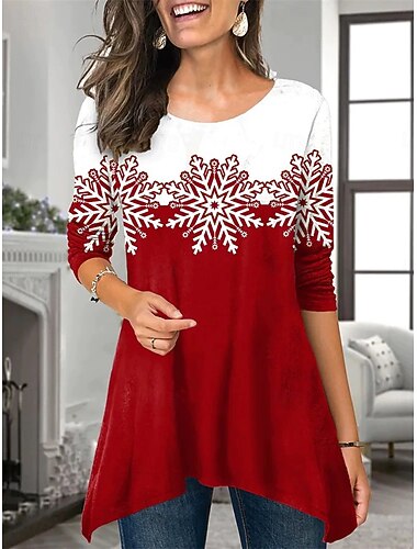  Новогодняя тематика Жен. Туника Графика В снежинку Рождество Элегантный стиль Винтаж Мода Длинный рукав Вырез под горло Круглый вырез Длинные топы Повседневные выходные С принтом Красный Синий Зеленый