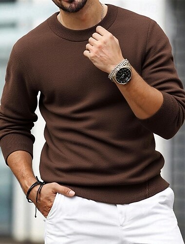  בגדי ריקוד גברים סוודר סוודר סוודר סרוג מצולע לִסְרוֹג חולצות רגילות סרוג אחיד צווארון עגול קצר אופנתי בסיסי חופשה לבוש יומיומי ביגוד סתיו חורף שחור קפה S M L