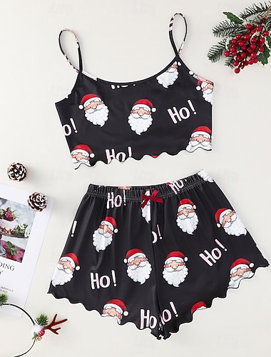  Weihnachten Damen Pyjama Loungewear Pyjama Set Pyjama Shorts Mode einfach lässig Grafik Cartoon Weihnachtsmann Shorts Home Bett ärmellos rot schwarz schwarz weiß rosa rot Sommer Frühling Herbst Winter