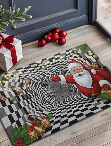  Tapis d'entrée de Noël en 3D avec le Père Noël illusion d'optique doux antidérapant tapis en fausse laine de cachemire pour la porte d'entrée tapis d'intérieur et d'extérieur pour les fêtes
