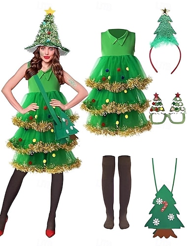  Set Weihnachtsbäume Outfits Ausgefallenes Weihnachtskleid Cosplay Kostüme mit Zubehör Damen Mädchen Weihnachten Weihnachtskostüm Erwachsene Kinder Weihnachten Neujahr Weihnachten Party Kleid Strümpfe