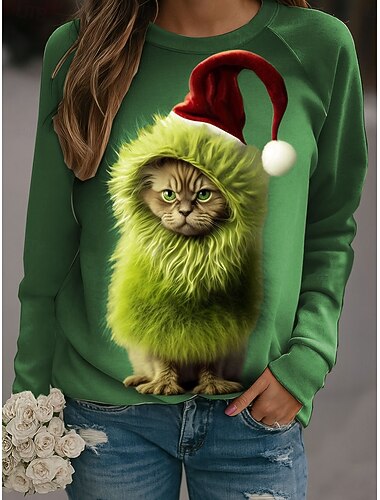 Damen Sweatshirts Grafik Katze Weihnachten Lässig Langarm Rundhalsausschnitt Normale Oberteile Lässig Ferien Druck Blau Purpur Grün Grau Herbst Winter   Damen Sweatshirts Grafik Katze Weihnachten Lässig Langarm Rundhalsausschnitt Normale Oberteile Lässig Ferien Druck Blau Purpur Grün Grau Herbst Winter
