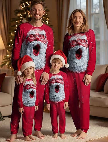  Mirada familiar Navidad Pijamas navideños familiares Pijamas Conjuntos familiares Graphic Papá Noel Hogar Estampado Rojo Azul Piscina Naranja Manga Larga Diario Trajes a juego